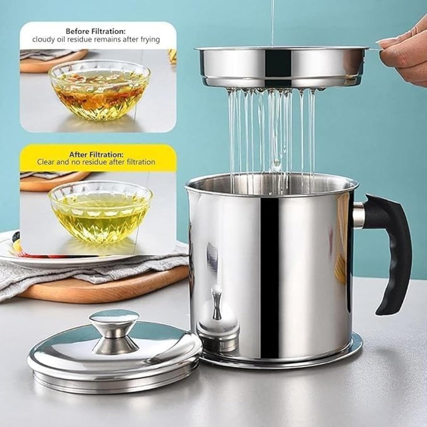 Stainless Steel Kitchen Oil Filter with Lid